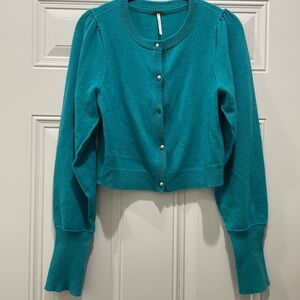 Free People Turquoise Cashmere Cropped Faux Pearl Cardigan Puff Sleeves